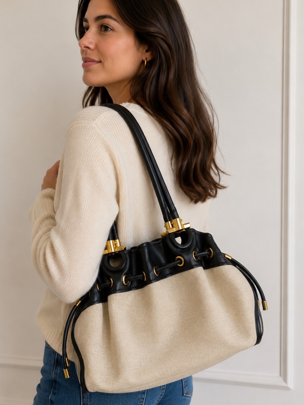 Ferragamo Canvas & Leather Drawstring Shoulder Bag